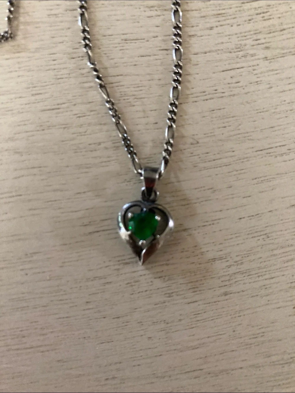 Silver Heart Pendant Necklace with Emerald Green Colored Gem